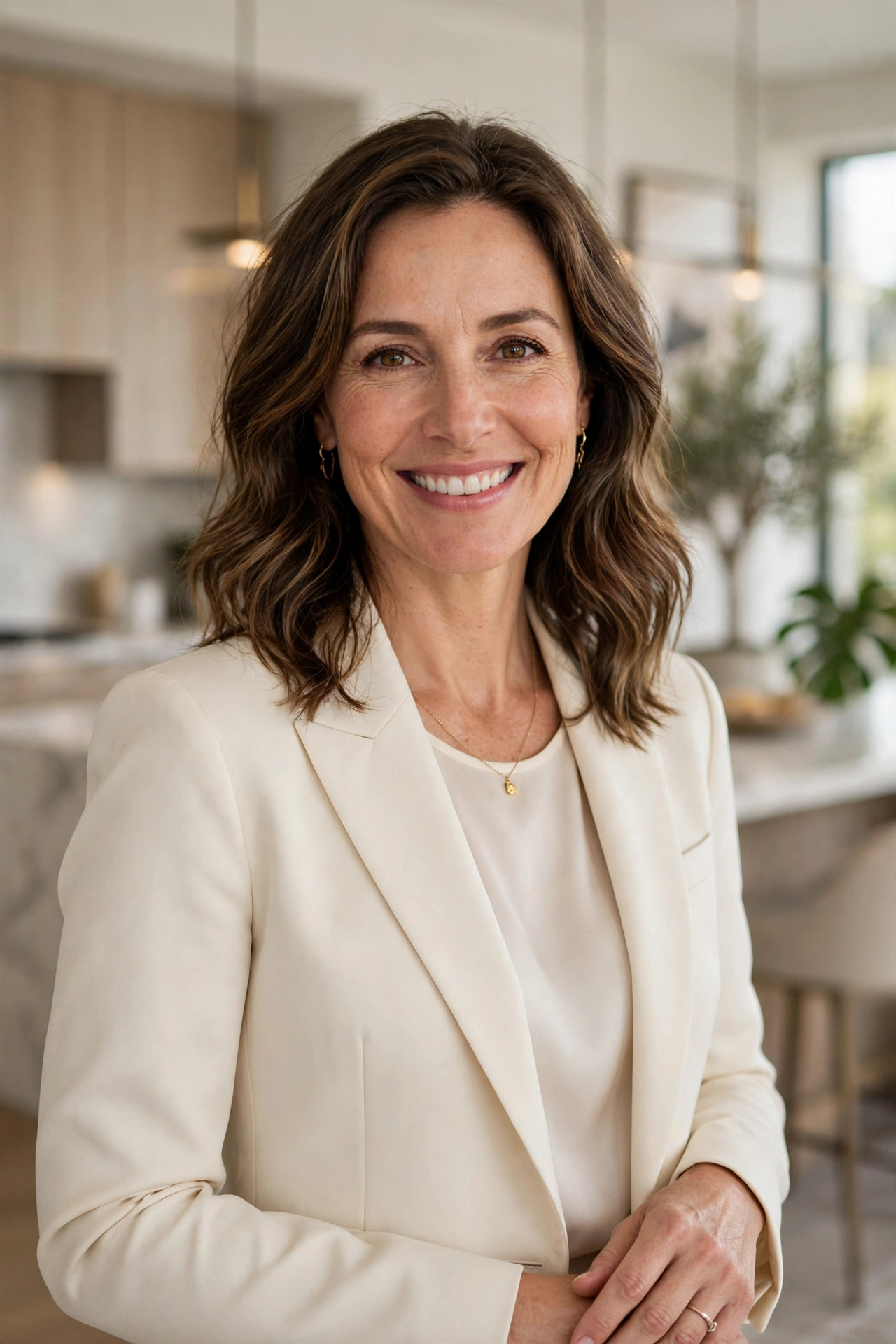 Victoria Sterling in a tailored black suit in a refined architectural interior