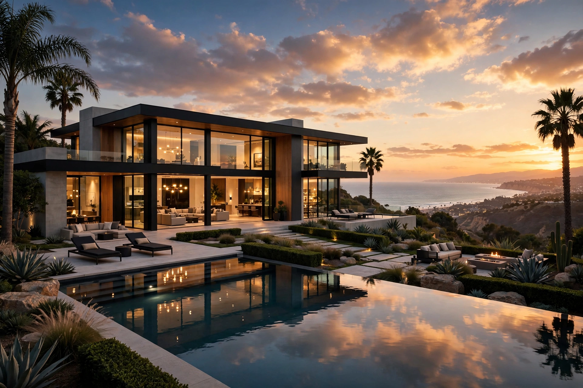 Contemporary coastal mansion glowing at twilight above the ocean